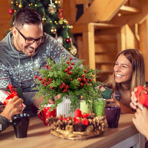 Watayo 60 Pcs Christmas Artificial Pine Branches with Red Berry Stems, 10.5" Faux Evergreen Norfolk Pine Cypress Leaves Stems, Fake Foliage Pine Needles Picks for DIY Craft Garland Home Decor - Image 4