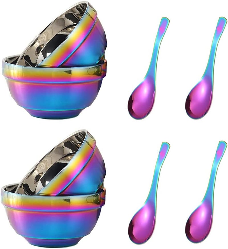 JYJFGSFA 14oz Rainbow Bowl Set with 4x Soup Bowls and 4x Soup Spoons 304 Stainless Steel DoubleWalled Cereal Bowls for Breakfast Drop Resistance Children Bowls - Image 1