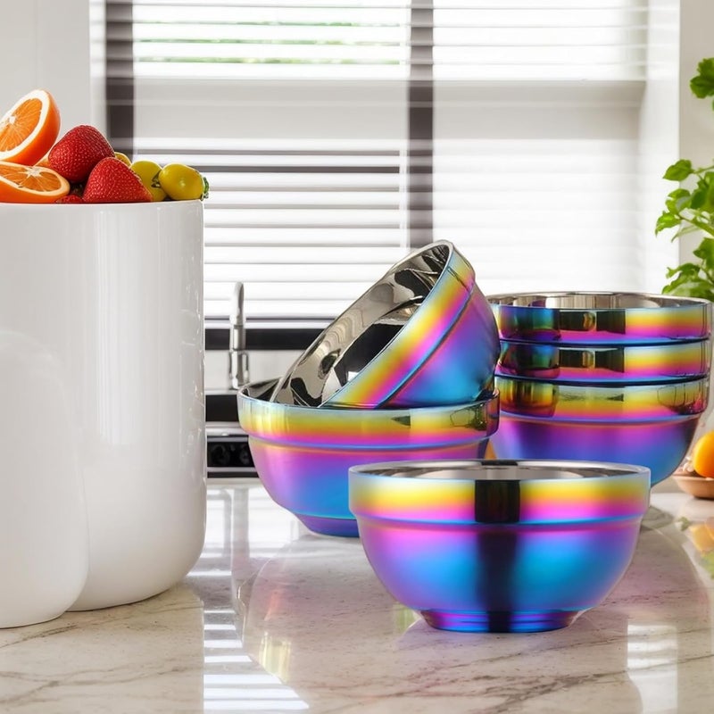 JYJFGSFA 14oz Rainbow Bowl Set with 4x Soup Bowls and 4x Soup Spoons 304 Stainless Steel DoubleWalled Cereal Bowls for Breakfast Drop Resistance Children Bowls - Image 3