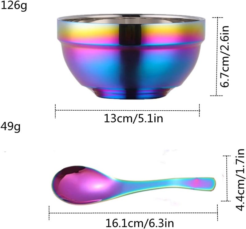 JYJFGSFA 14oz Rainbow Bowl Set with 4x Soup Bowls and 4x Soup Spoons 304 Stainless Steel DoubleWalled Cereal Bowls for Breakfast Drop Resistance Children Bowls - Image 2