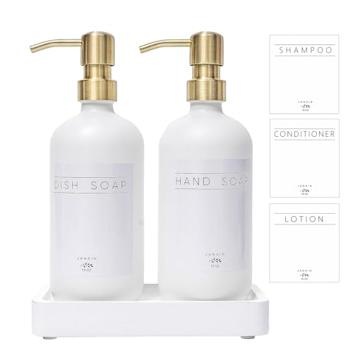 Janxin Glass Soap Dispenser for Kitchen with Stainless Steel Pump and Wood Tray, Modern Bathroom Dispenser with Waterproof Labels for Hand, Dish Soap, Lotion(White Bottles+Gold Pumps) - Image 1