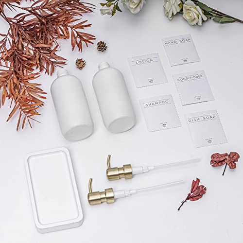 Janxin Glass Soap Dispenser for Kitchen with Stainless Steel Pump and Wood Tray, Modern Bathroom Dispenser with Waterproof Labels for Hand, Dish Soap, Lotion(White Bottles+Gold Pumps) - Image 4