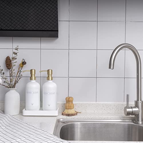 Janxin Glass Soap Dispenser for Kitchen with Stainless Steel Pump and Wood Tray, Modern Bathroom Dispenser with Waterproof Labels for Hand, Dish Soap, Lotion(White Bottles+Gold Pumps) - Image 3