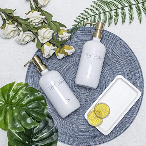Janxin Glass Soap Dispenser for Kitchen with Stainless Steel Pump and Wood Tray, Modern Bathroom Dispenser with Waterproof Labels for Hand, Dish Soap, Lotion(White Bottles+Gold Pumps) - Image 2