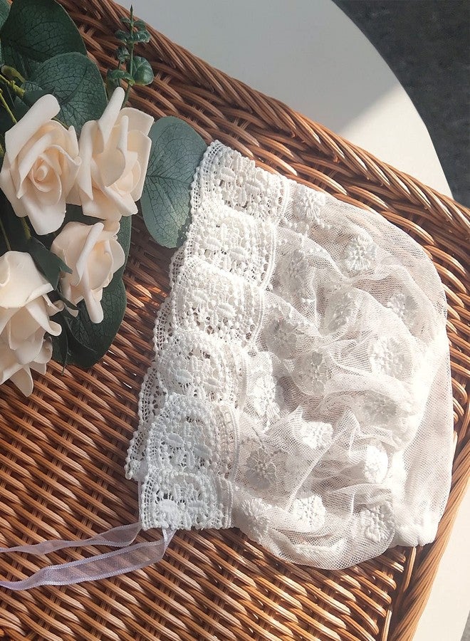Zsedrut Baby Girl Bonnet Eyelet Lace Cotton Christening Bonnet Toddler Handmade Beanie Sun Protection Hat with Pearl Bow (Small Flowers, 0-3M) - Image 3