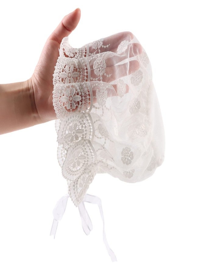 Zsedrut Baby Girl Bonnet Eyelet Lace Cotton Christening Bonnet Toddler Handmade Beanie Sun Protection Hat with Pearl Bow (Small Flowers, 0-3M) - Image 2