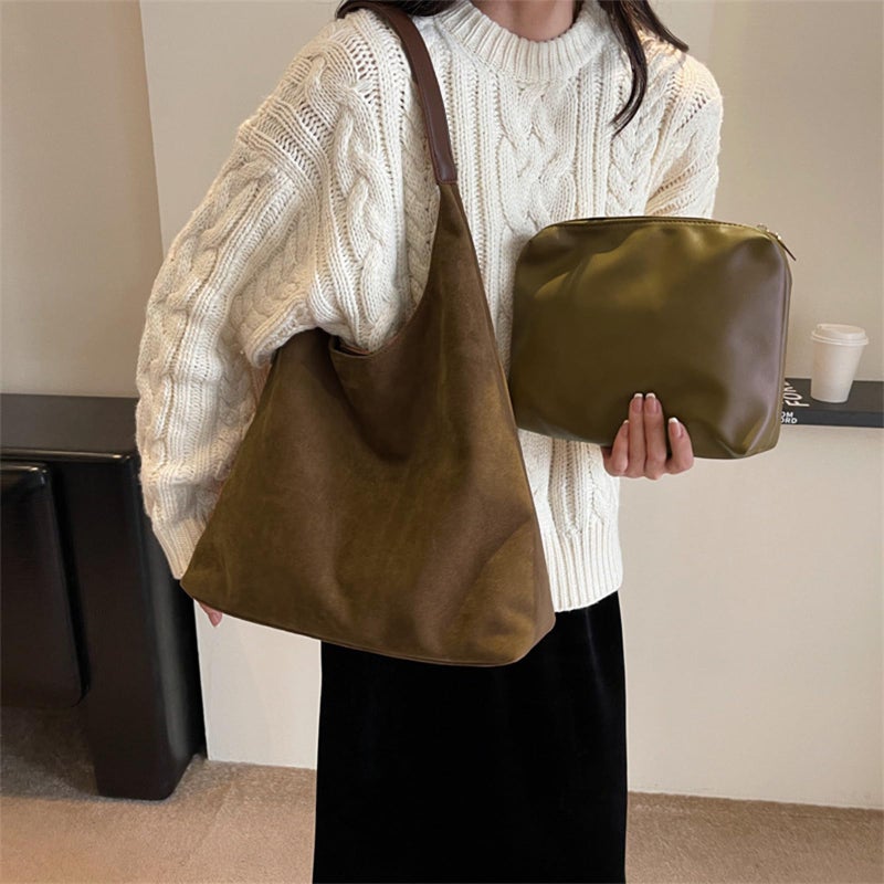 Lramkuy Brown Suede Bag for Women, Brown Suede Tote Bag Purse, Suedes bag for Women, Shoulder Bag (Coffee) - Image 2
