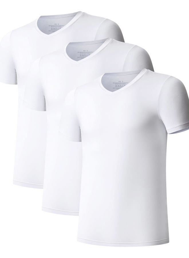 COLORFULLEAF Men's Crew Neck Undershirts Bamboo Short Sleeve Tees Slim-fit T-Shirts 3-Pack, V Neck - White, M - Image 1