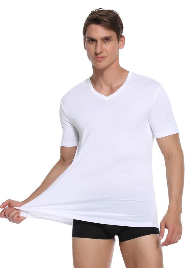COLORFULLEAF Men's Crew Neck Undershirts Bamboo Short Sleeve Tees Slim-fit T-Shirts 3-Pack, V Neck - White, M - Image 2