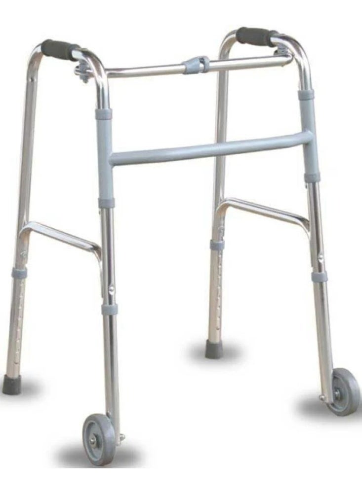 Dorra JL912L walker with 4-inch front wheels. This type of walker is designed to assist with walking and provide mobility support, making it suitable for elderly users and those in rehabilitation.  Key features of the JL912L walker include: *   A strong, lightweight, and durable aluminum frame with an anodized finish. *   4-inch front wheels for smooth movement and maneuverability. *   Adjustable height, typically ranging from 79 to 96 cm (8 levels), with a spring lock pin on each foot for adjustment. *   Foldable design for easy storage and transport, with a button for easy folding. *   Comfortable rubber or soft foam handle grips for a secure hold and to reduce hand pressure. *   A wide base for enhanced safety and non-slip design. *   It can typically withstand a load-bearing pressure of 100kg. - Image 3