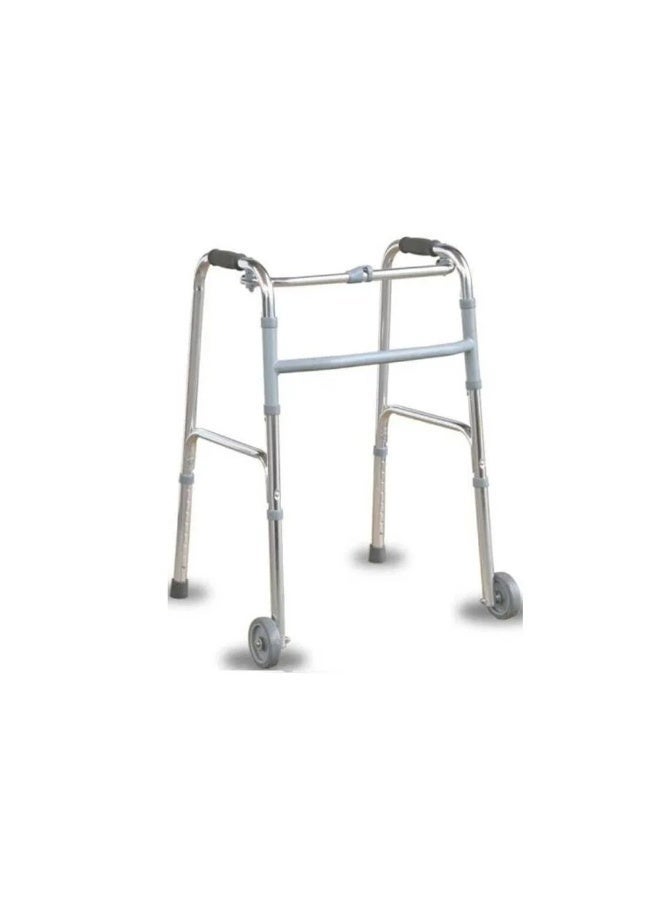 Dorra JL912L walker with 4-inch front wheels. This type of walker is designed to assist with walking and provide mobility support, making it suitable for elderly users and those in rehabilitation.  Key features of the JL912L walker include: *   A strong, lightweight, and durable aluminum frame with an anodized finish. *   4-inch front wheels for smooth movement and maneuverability. *   Adjustable height, typically ranging from 79 to 96 cm (8 levels), with a spring lock pin on each foot for adjustment. *   Foldable design for easy storage and transport, with a button for easy folding. *   Comfortable rubber or soft foam handle grips for a secure hold and to reduce hand pressure. *   A wide base for enhanced safety and non-slip design. *   It can typically withstand a load-bearing pressure of 100kg. - Image 1
