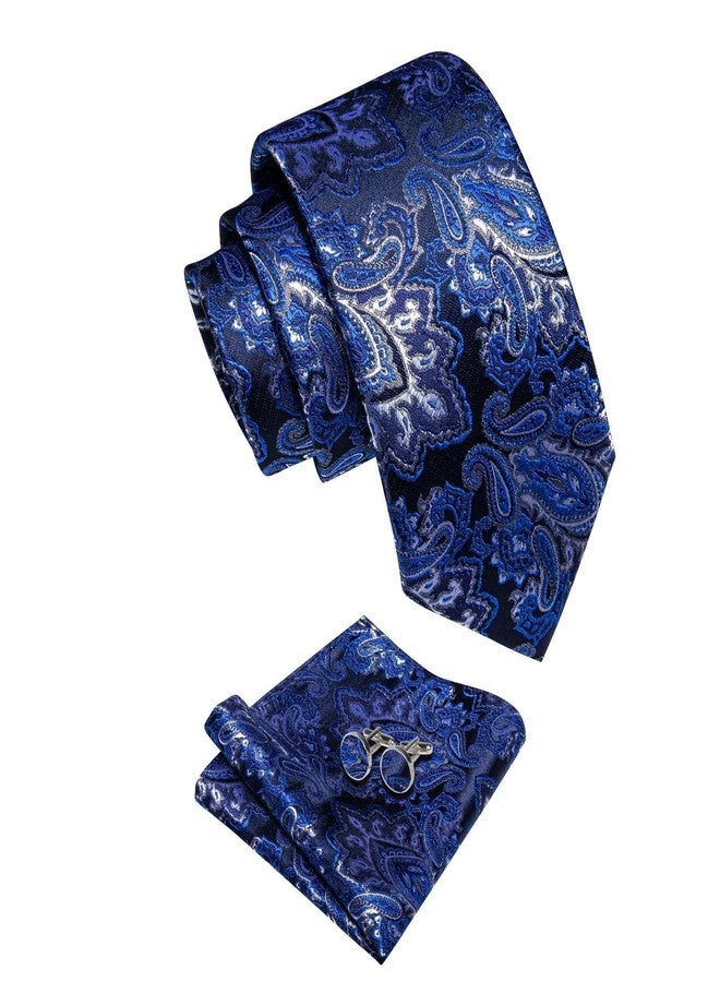 YourTies Paisley Tie Sets Floral Necktie Handkerchief Cufflinks Set Silk Woven Ties Business Wedding Party, Royal Blue Paisley, M - Image 2