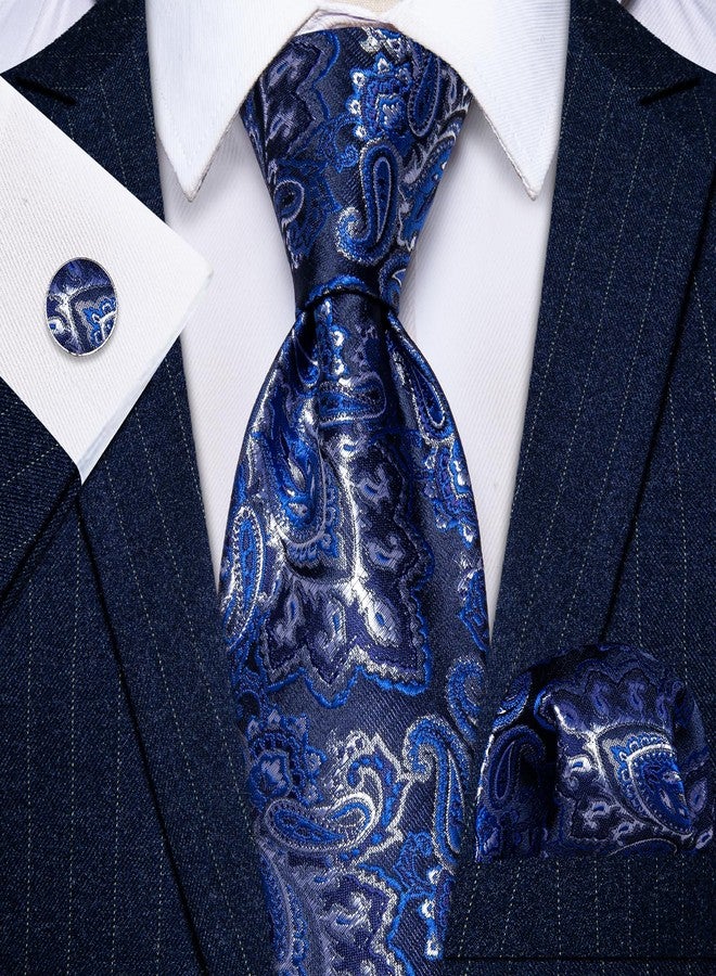 YourTies Paisley Tie Sets Floral Necktie Handkerchief Cufflinks Set Silk Woven Ties Business Wedding Party, Royal Blue Paisley, M - Image 3
