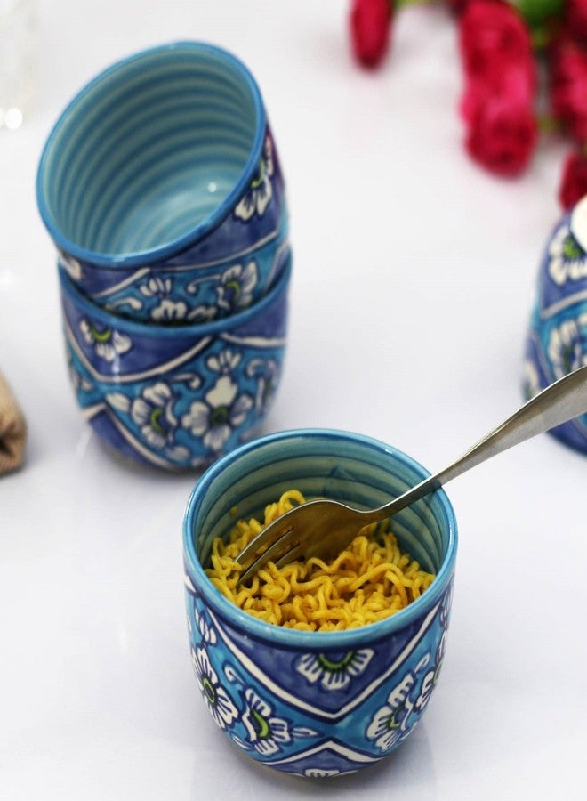 KITTENS Hand Painted Ceramic Soup Bowl Set of 4 - 300ml Each | Blue Floral Design | Microwave & Dishwasher Safe | Food Grade | Ideal for Serving Maggi, Snacks, Pasta, Soup - Made in India - Image 1