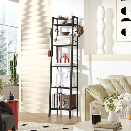 YMYNY 5 Tier Ladder Bookshelf Height 160CM Bookcase Freestanding Storage Organiser Shelves Shelving Unit for Living Room Bedroom Kitchen Plant Stand Industrial Black HBC025B