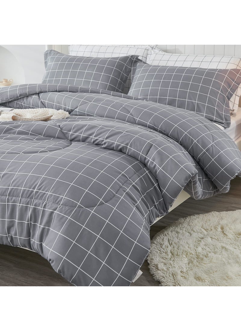Andency Andency Grey Grid Comforter Set Queen Size (90x90 inch)  3 Pieces (1 Grey Comforter and 2 Pillowcases)  Summer Lightweight Microfiber Down Alternative Bedding Comforter Sets with White Lines  - Image 1