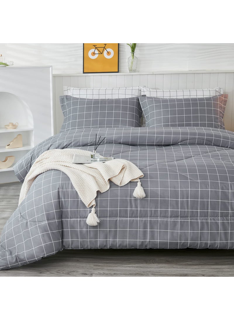 Andency Andency Grey Grid Comforter Set Queen Size (90x90 inch)  3 Pieces (1 Grey Comforter and 2 Pillowcases)  Summer Lightweight Microfiber Down Alternative Bedding Comforter Sets with White Lines  - Image 2