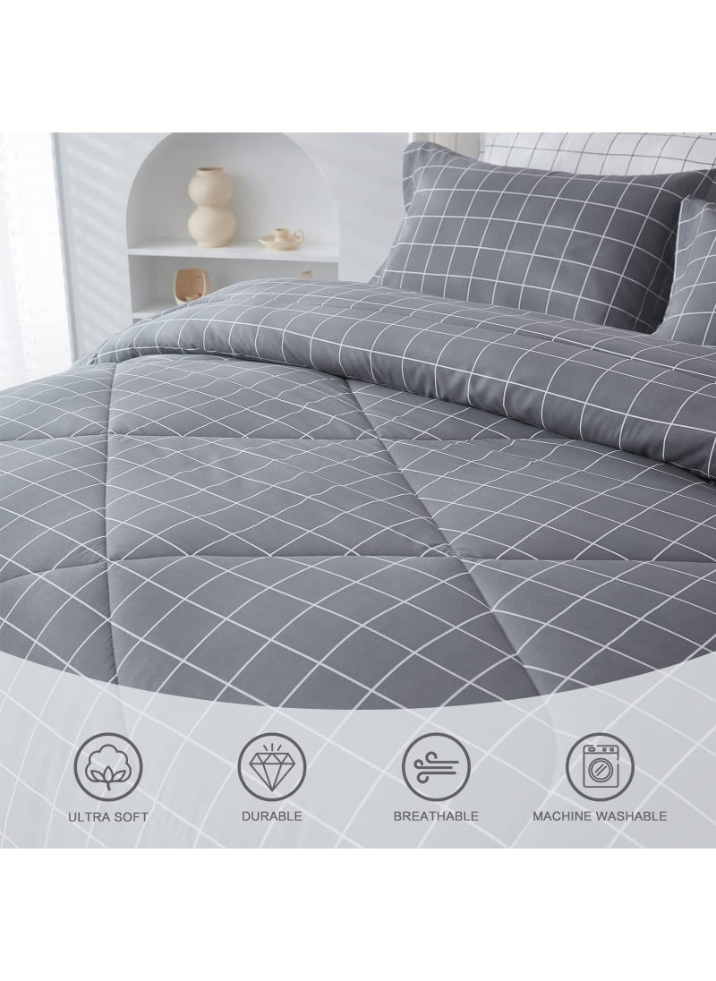 Andency Andency Grey Grid Comforter Set Queen Size (90x90 inch)  3 Pieces (1 Grey Comforter and 2 Pillowcases)  Summer Lightweight Microfiber Down Alternative Bedding Comforter Sets with White Lines  - Image 3