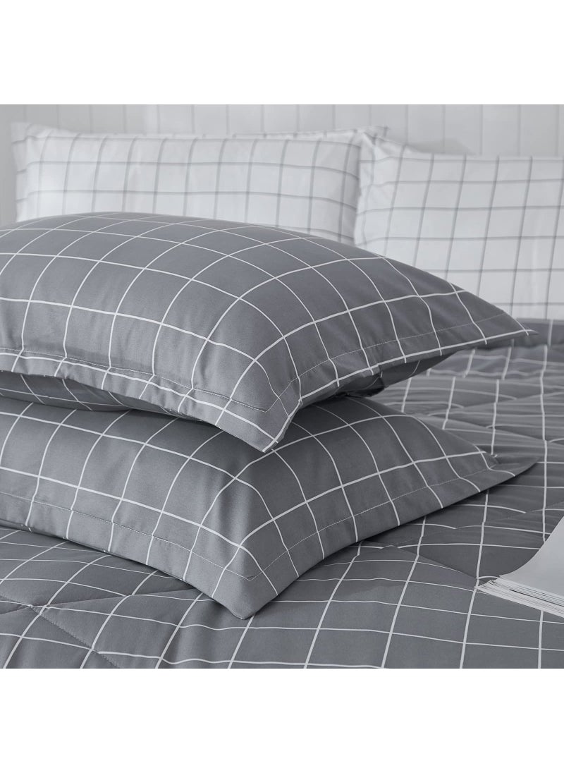 Andency Andency Grey Grid Comforter Set Queen Size (90x90 inch)  3 Pieces (1 Grey Comforter and 2 Pillowcases)  Summer Lightweight Microfiber Down Alternative Bedding Comforter Sets with White Lines  - Image 4