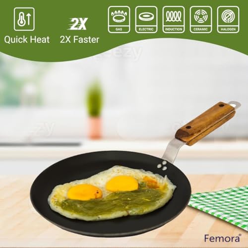 Femora Iron Concave Tawa 11.8-inch(29 cm), Tava for Roti with Strong Wooden Handle Black, Gas Stovetop Compatible, Pack of 1 - Image 4