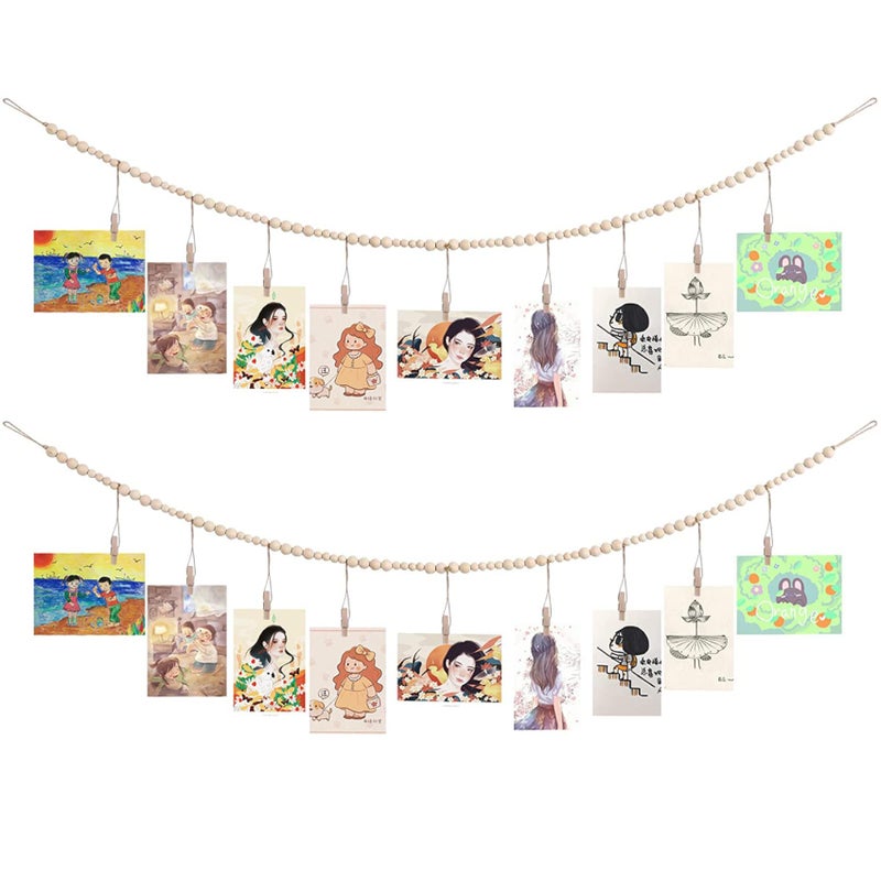 QXUJI 2PCS Wall Hanging Photo Display with Wooden Beads Garland Collage Picture Frame for Boho Wall Decoration Photo Holders with 9 Wood Clips for Rustic Country Decor Home Nursery Room Dorm Decor 