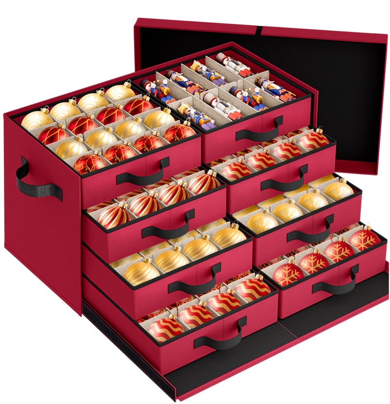 StorageRight Christmas Ornament Storage Box - Ultra Large Drawer Ornament Organizer with 8 Separate Trays & Adjustable Dividers, Portable Ornaments Box with Cover & Handle for Holiday Decorations(Red) - Image 1