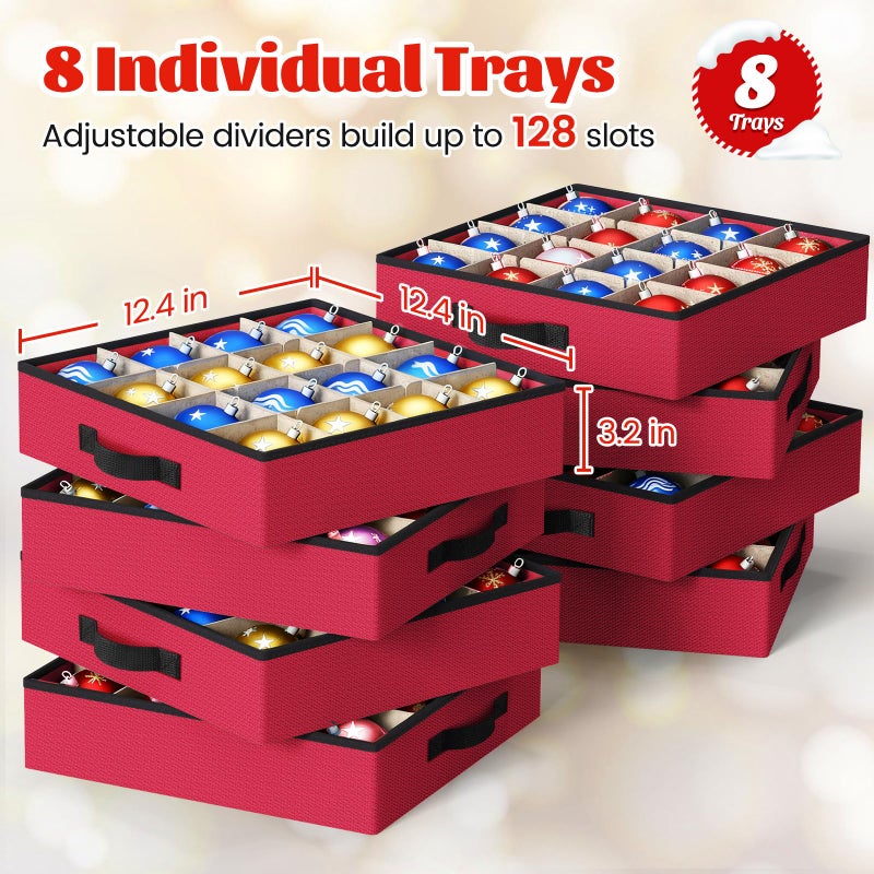 StorageRight Christmas Ornament Storage Box - Ultra Large Drawer Ornament Organizer with 8 Separate Trays & Adjustable Dividers, Portable Ornaments Box with Cover & Handle for Holiday Decorations(Red) - Image 2