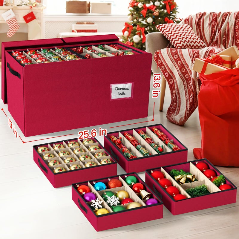 StorageRight Christmas Ornament Storage Box - Ultra Large Drawer Ornament Organizer with 8 Separate Trays & Adjustable Dividers, Portable Ornaments Box with Cover & Handle for Holiday Decorations(Red) - Image 3