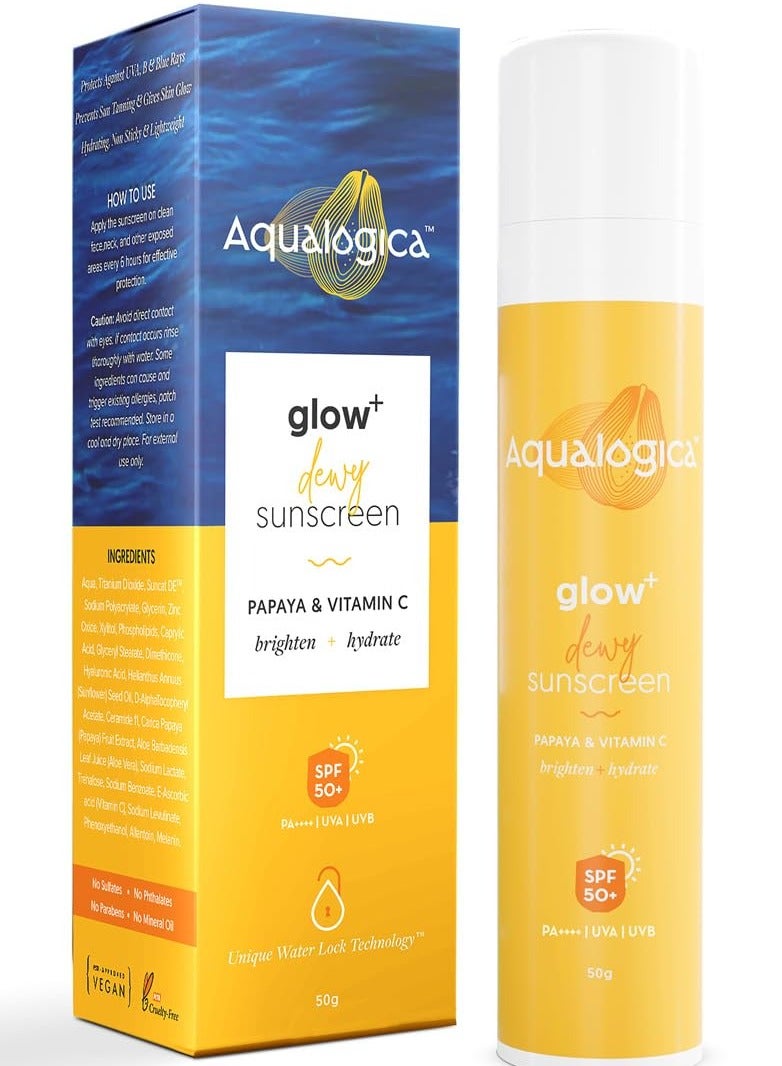 أكوالوجيكا كريم واقي من الشمس Glow+ Dewy SPF 50  لحماية البشرة من الأشعة فوق البنفسجية UVA/B والضوء الأزرق من أجل بشرة متوهجة ومحمية جيدًا 50 جرام - Image 1