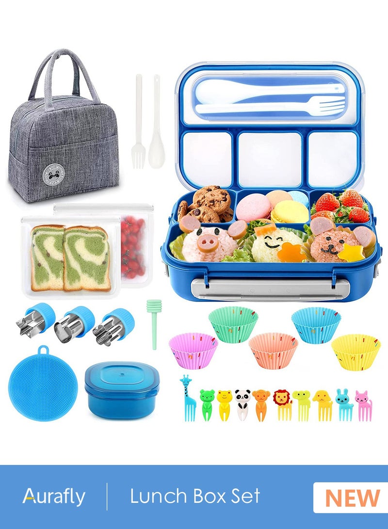 Aurafly 27PCS Lunch Box Set With Lunch Bag For Kids, Portable Bento Box With 4-Compartment/Spoon/Fork, Leak-Proof Food Storage Set With Food Accessories, Lunch Containers For Adults/Kids/Toddler, BPA Free, 1300ML - Image 1