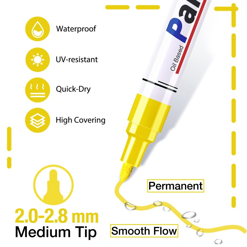 DAPAWIN Yellow Paint Pen Permanent Paint Markers - 8 Oil Based Paint Pens, Medium Tip, Quick Drying and Waterproof Marker Pens for Metal, Rock Painting, Wood, Fabric, Plastic, Canvas, Mugs Yellow Markers Pen - Image 2