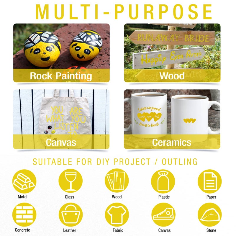 DAPAWIN Yellow Paint Pen Permanent Paint Markers - 8 Oil Based Paint Pens, Medium Tip, Quick Drying and Waterproof Marker Pens for Metal, Rock Painting, Wood, Fabric, Plastic, Canvas, Mugs Yellow Markers Pen - Image 3