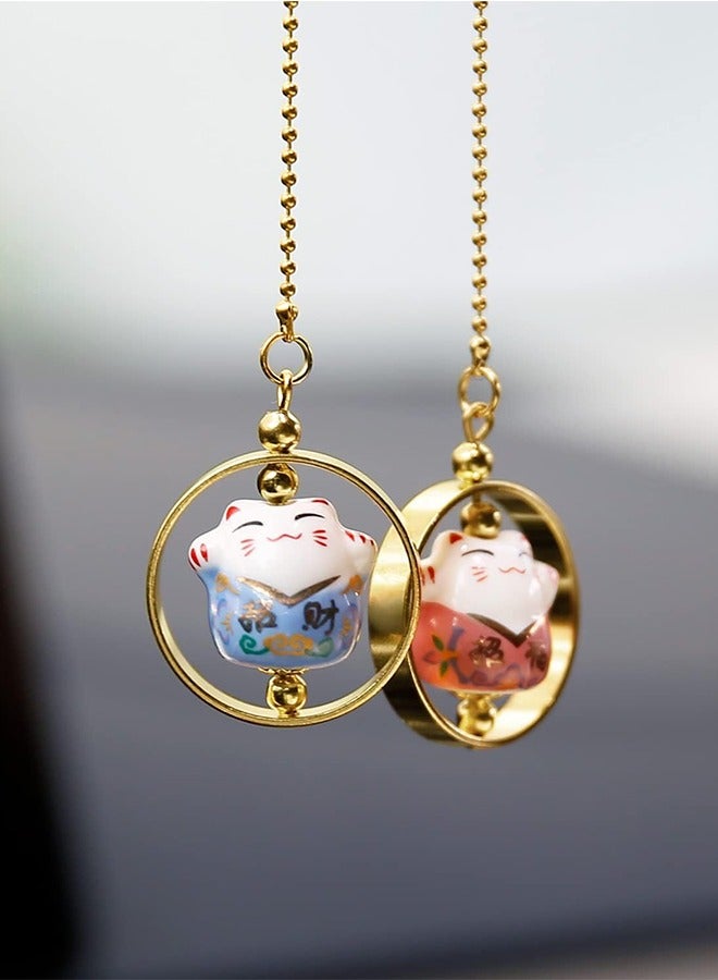 Car Hanging Ornament Car Hanging Pendant Lucky Cat Car Mirror Hanging Ornaments Porcelain Figurine Car Interior Decor Accessories (Blue  Pink)
