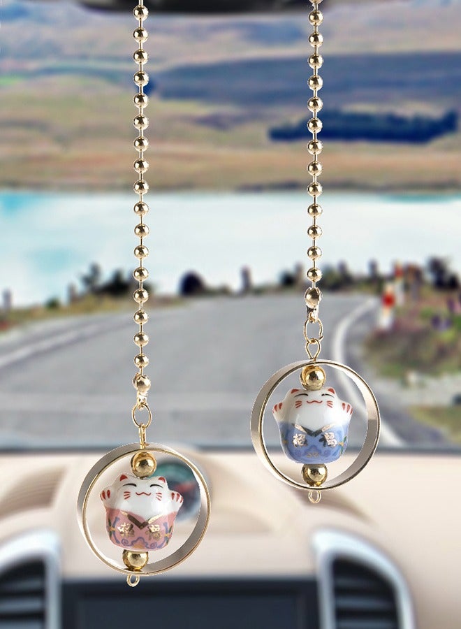 Car Hanging Ornament Car Hanging Pendant Lucky Cat Car Mirror Hanging Ornaments Porcelain Figurine Car Interior Decor Accessories (Blue  Pink)