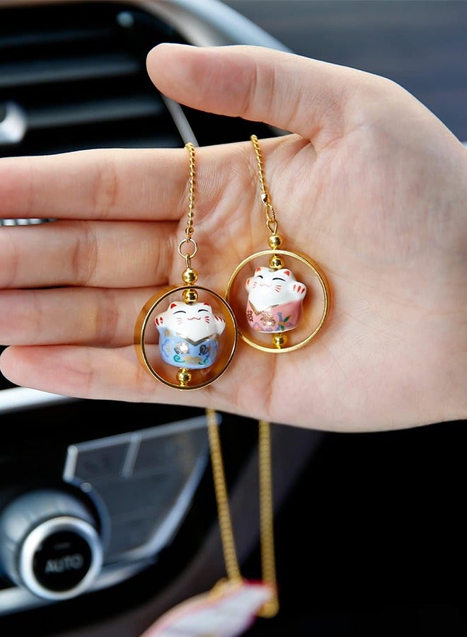Car Hanging Ornament Car Hanging Pendant Lucky Cat Car Mirror Hanging Ornaments Porcelain Figurine Car Interior Decor Accessories (Blue  Pink)