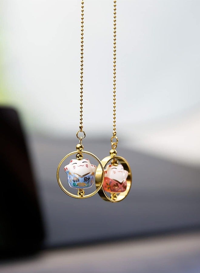 Car Hanging Ornament Car Hanging Pendant Lucky Cat Car Mirror Hanging Ornaments Porcelain Figurine Car Interior Decor Accessories (Blue  Pink)