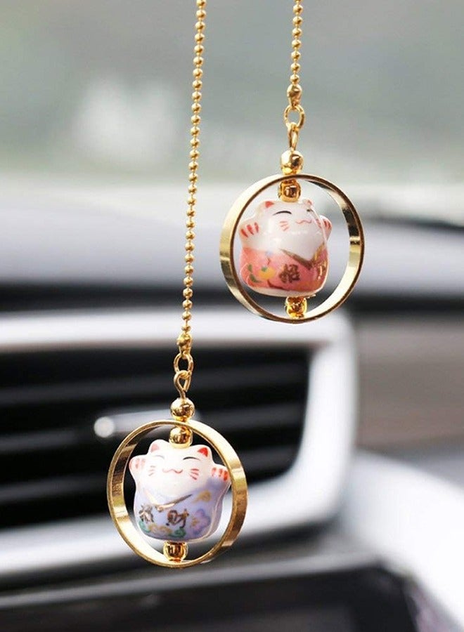 Car Hanging Ornament Car Hanging Pendant Lucky Cat Car Mirror Hanging Ornaments Porcelain Figurine Car Interior Decor Accessories (Blue  Pink)