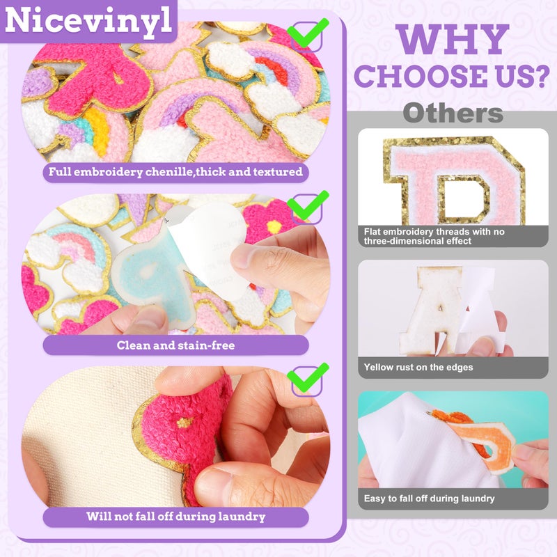 NICEVINYL Self-Adhesive Chenille Patches for Girly Bags: NICEVINYL 56PCS Classic-Color Flower Star Heart Cute Patch Embroidered Stick on - Lightning Rainbow Sticker Applique for Clothing Fabric Backpack Decor - Image 3
