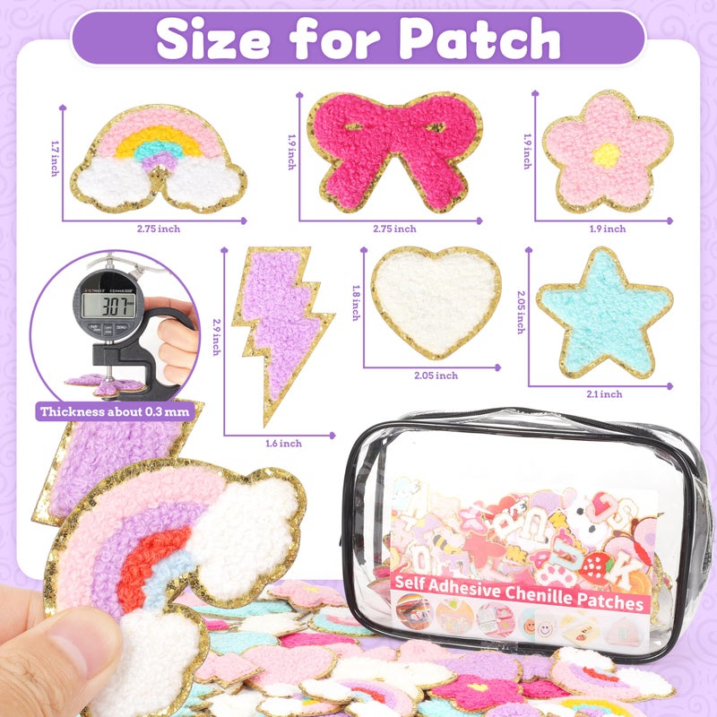 NICEVINYL Self-Adhesive Chenille Patches for Girly Bags: NICEVINYL 56PCS Classic-Color Flower Star Heart Cute Patch Embroidered Stick on - Lightning Rainbow Sticker Applique for Clothing Fabric Backpack Decor - Image 2