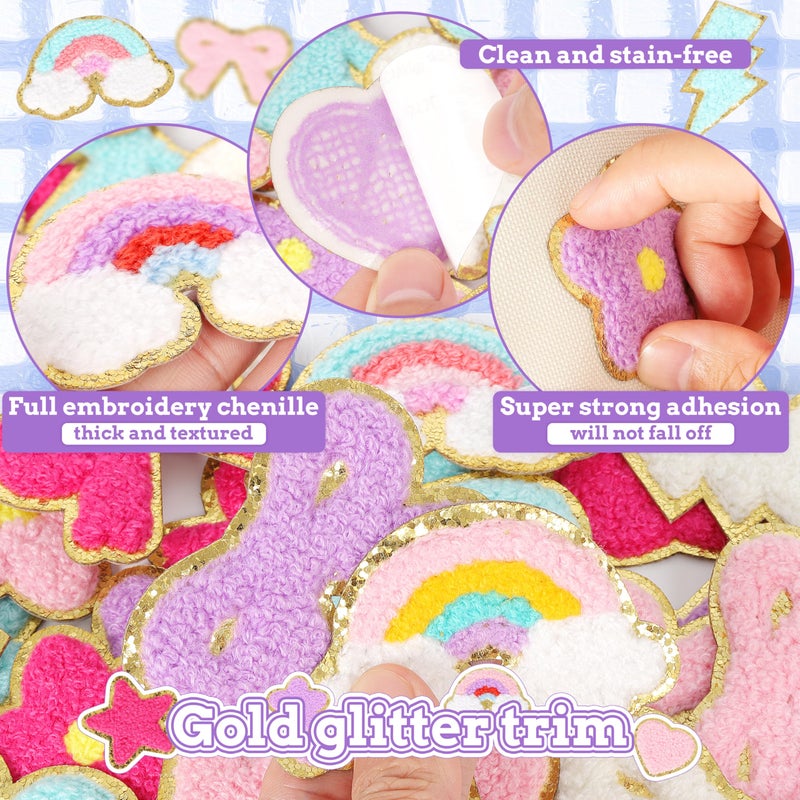 NICEVINYL Self-Adhesive Chenille Patches for Girly Bags: NICEVINYL 56PCS Classic-Color Flower Star Heart Cute Patch Embroidered Stick on - Lightning Rainbow Sticker Applique for Clothing Fabric Backpack Decor - Image 4