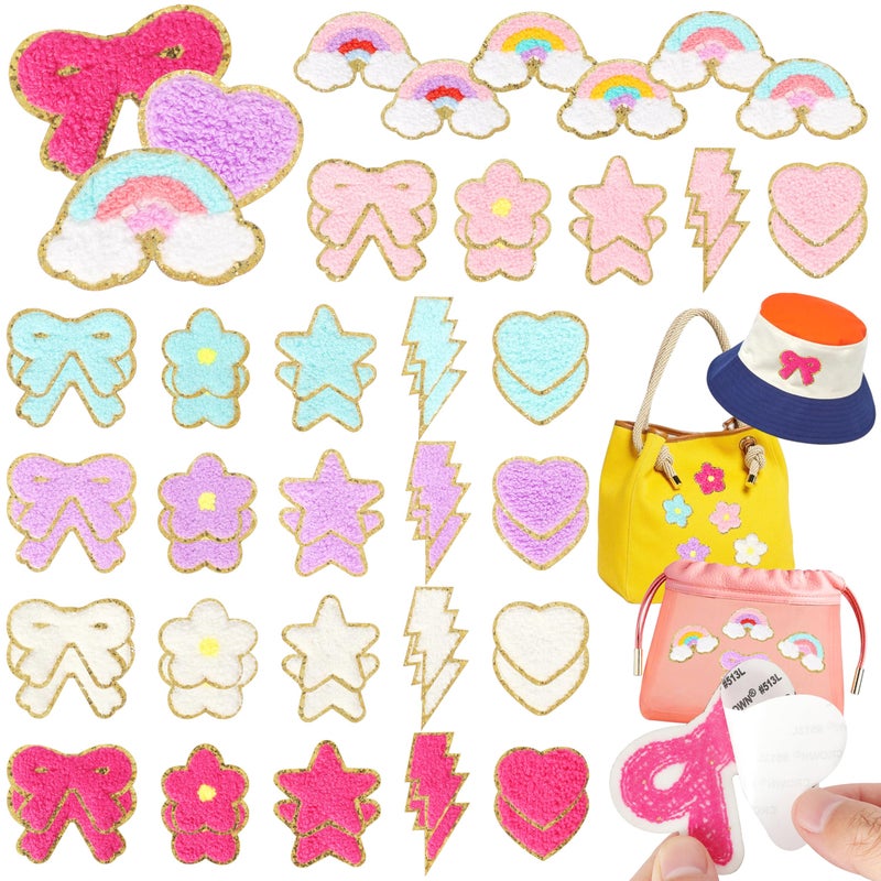 NICEVINYL Self-Adhesive Chenille Patches for Girly Bags: NICEVINYL 56PCS Classic-Color Flower Star Heart Cute Patch Embroidered Stick on - Lightning Rainbow Sticker Applique for Clothing Fabric Backpack Decor - Image 1