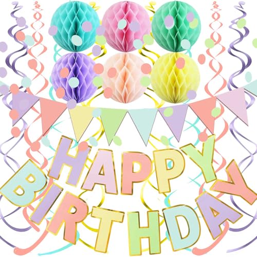 Fecedy Macaron Superlarge Alphabet Happy Birthday Banner Colorful Flag Bunting Circle Confetti Garland Swirl Streamers Honeycomb Ball for Birthday Party Decorations - Image 1