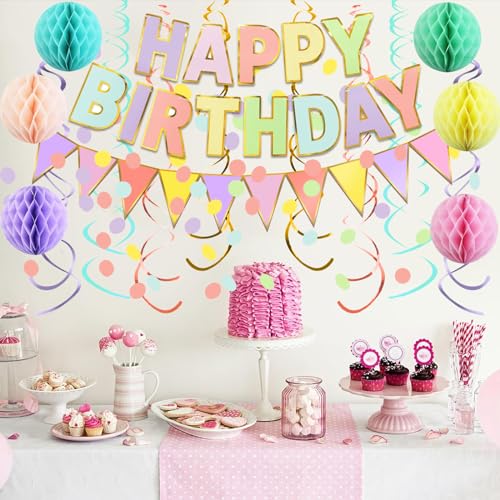 Fecedy Macaron Superlarge Alphabet Happy Birthday Banner Colorful Flag Bunting Circle Confetti Garland Swirl Streamers Honeycomb Ball for Birthday Party Decorations - Image 5