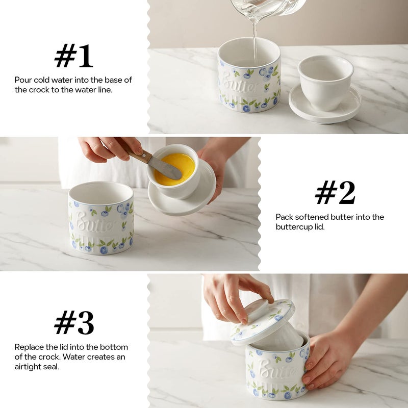 Toptier Butter Crock for Counter With Water Line, On Demand Spreadable Butter, Ceramic Butter Keeper to Leave On Counter, French Butter Dish with Lid (Yummy Blueberry) - Image 4