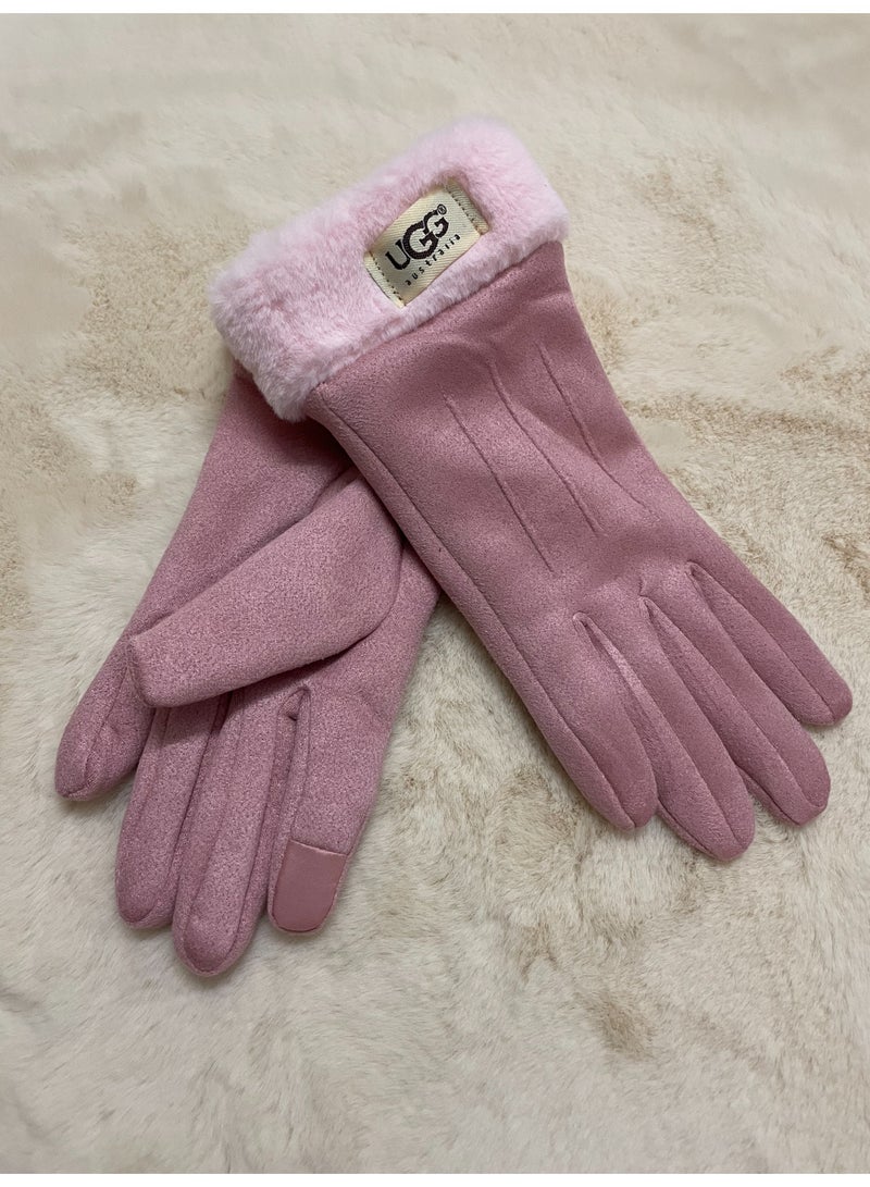 UGG Blush Pink Suede Gloves with Faux Fur Cuff (Touchscreen-Compatible Winter Handwear)