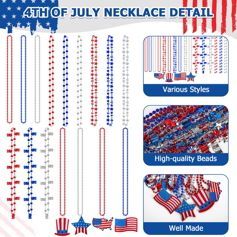 EOBOH 4th of July Party Favors, 120PCS Patriotic Beads Necklaces, Metallic Patriotic Independence Day Red Blue White Necklace USA Hat Flags Pendant, Necklace for Memorial Day Parades Party Favors - Image 3
