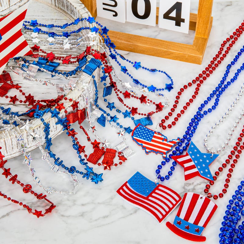 EOBOH 4th of July Party Favors, 120PCS Patriotic Beads Necklaces, Metallic Patriotic Independence Day Red Blue White Necklace USA Hat Flags Pendant, Necklace for Memorial Day Parades Party Favors - Image 5