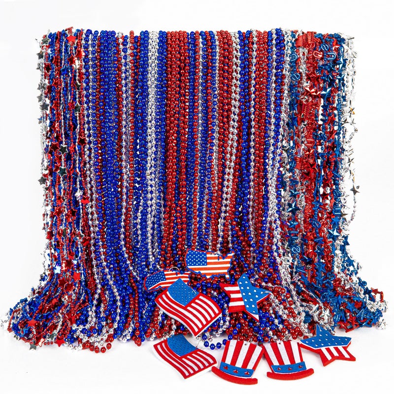 EOBOH 4th of July Party Favors, 120PCS Patriotic Beads Necklaces, Metallic Patriotic Independence Day Red Blue White Necklace USA Hat Flags Pendant, Necklace for Memorial Day Parades Party Favors - Image 1