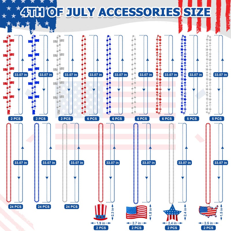 EOBOH 4th of July Party Favors, 120PCS Patriotic Beads Necklaces, Metallic Patriotic Independence Day Red Blue White Necklace USA Hat Flags Pendant, Necklace for Memorial Day Parades Party Favors - Image 2