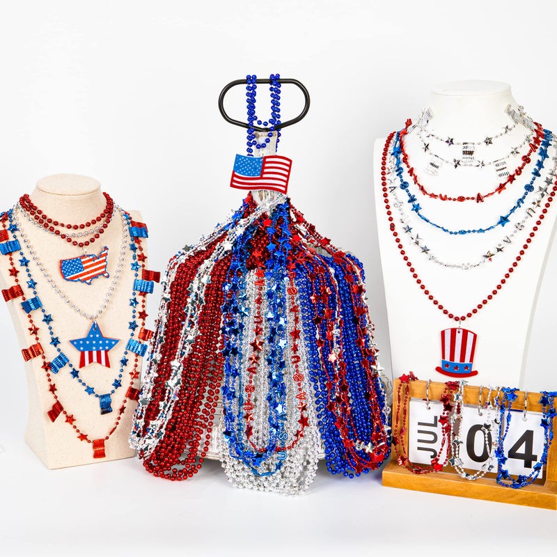 EOBOH 4th of July Party Favors, 120PCS Patriotic Beads Necklaces, Metallic Patriotic Independence Day Red Blue White Necklace USA Hat Flags Pendant, Necklace for Memorial Day Parades Party Favors - Image 4